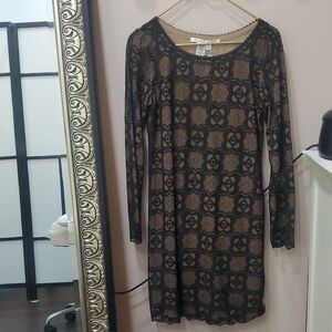 Max Studio Black and Brown Patterned Long Sleeve Dress